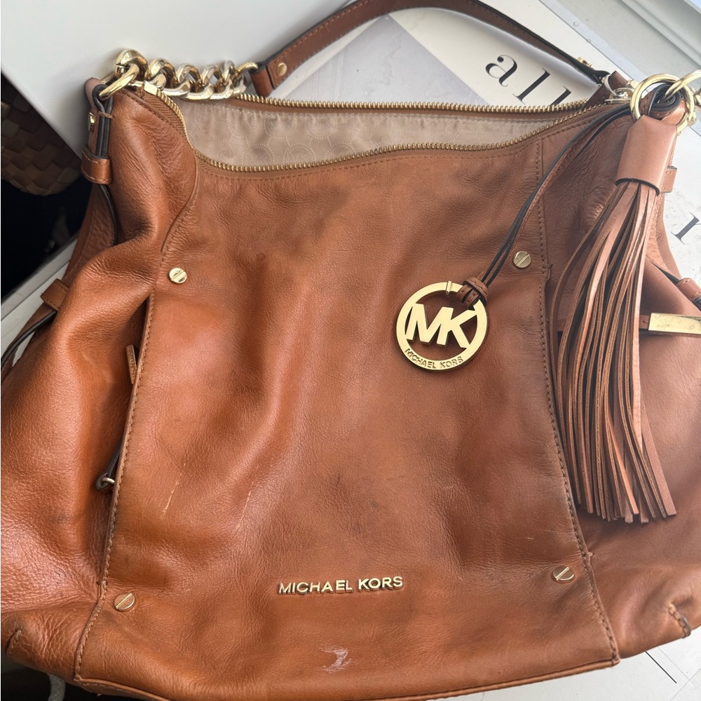 Michael Kors Tan Leather Shoulder Bag with Gold Accents